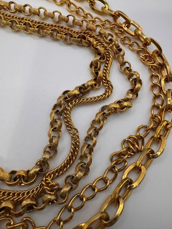 Vintage Gold Tone Heavy Multi 5 Strand Chain Necklace Statement Layered Runway - Picture 5 of 9